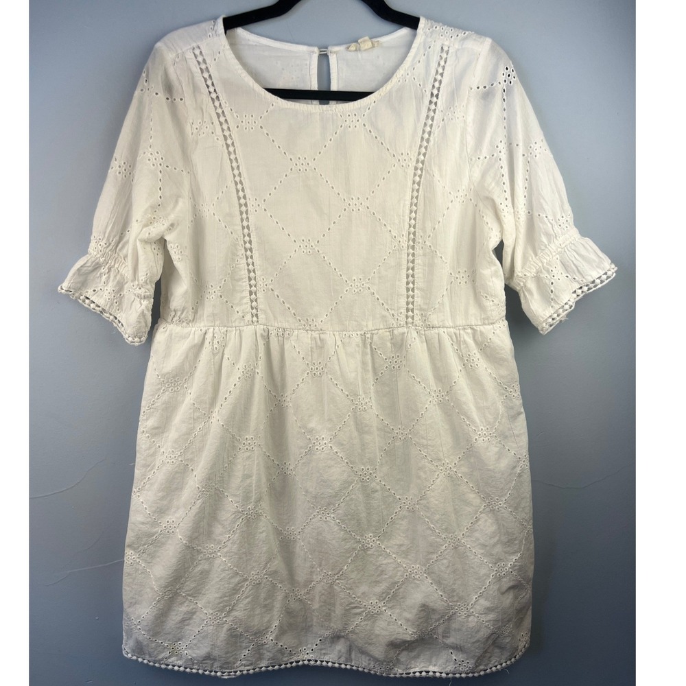 Jennifer & Grace White Cotton Eyelet Mini Babydoll Dress SZM Boho Cottagecore